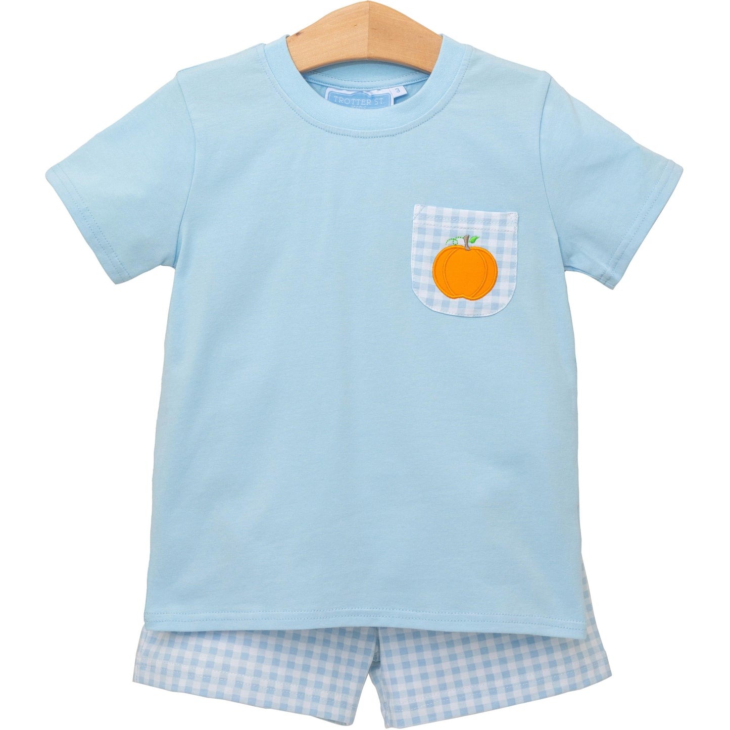 Trotter Street Kids Boys Light Blue Check Shorts with Pumpkin Pocket Shirt