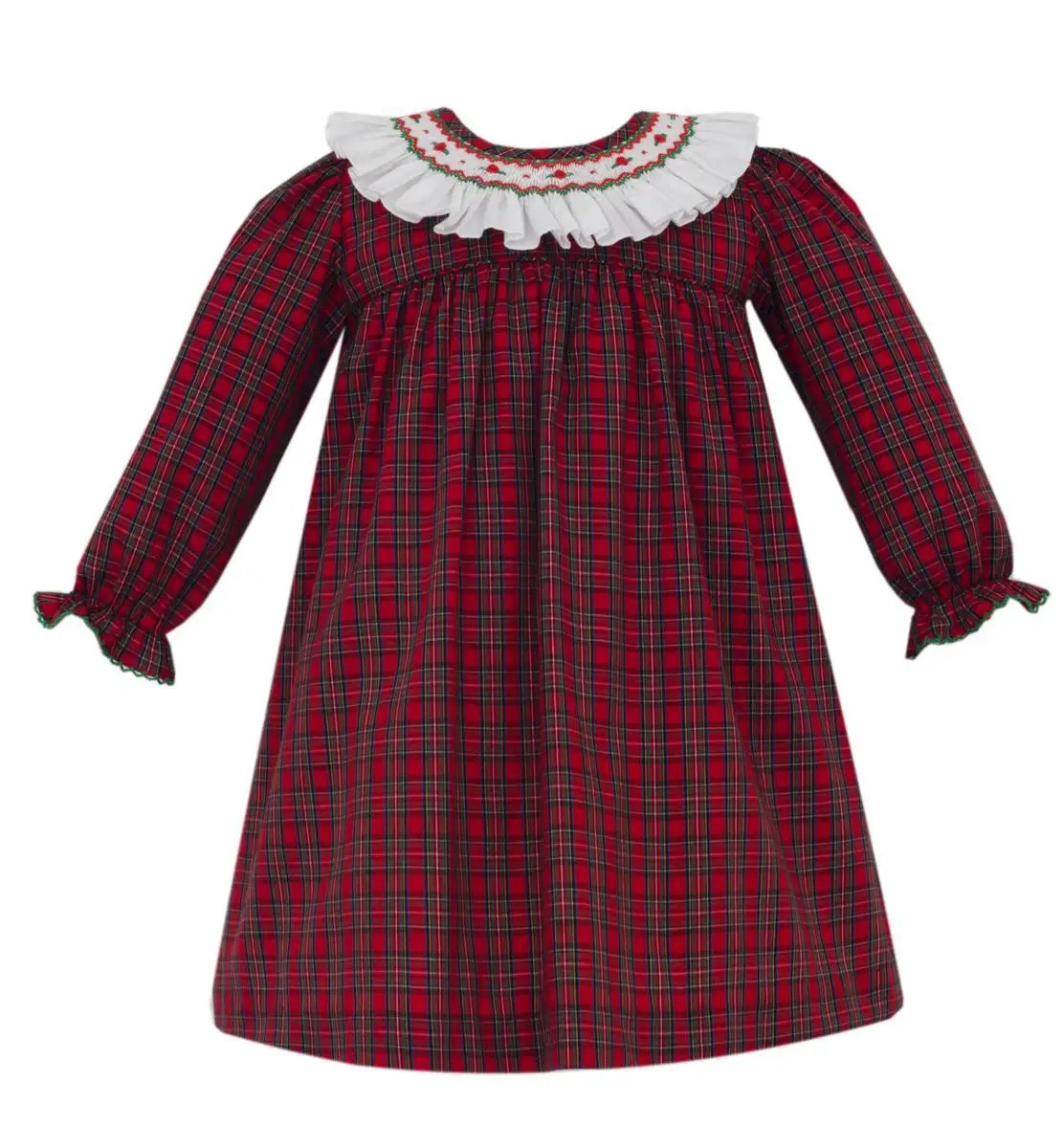 Petit Bebe Girls Red Plaid Float Long Sleeve Dress with Smocked Collar by Petit Bebe