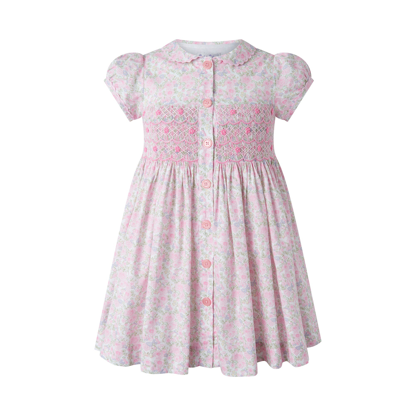 Rachel Riley London Girls Pink Ditsy Blooms Smocked Button Front Dress