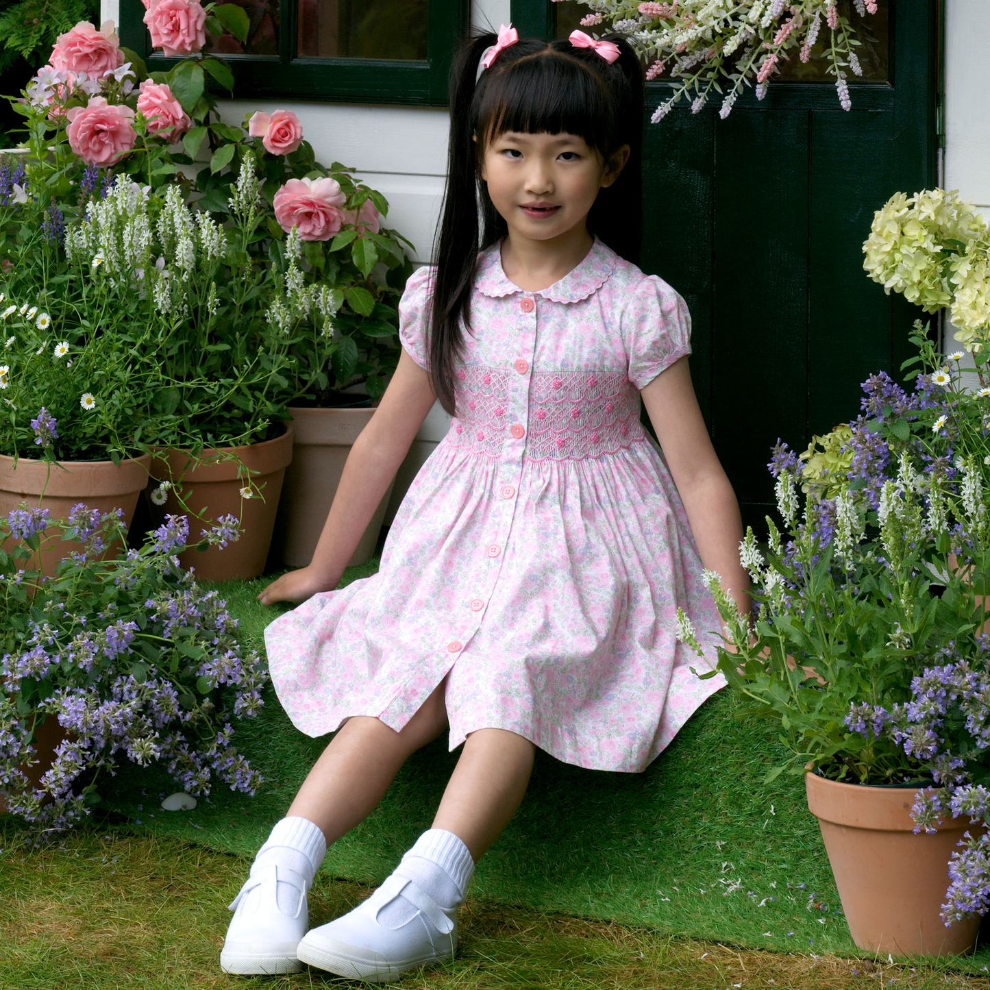 Rachel Riley London Girls Pink Ditsy Blooms Smocked Button Front Dress