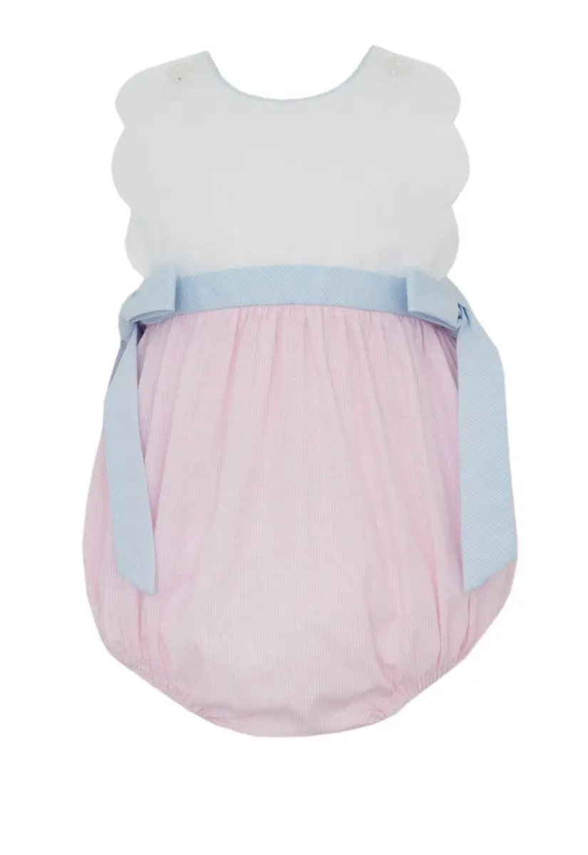 Petit Bebe Girls Pink Check Scalloped Bubble with Light Blue Side Bows by Petit Bebe