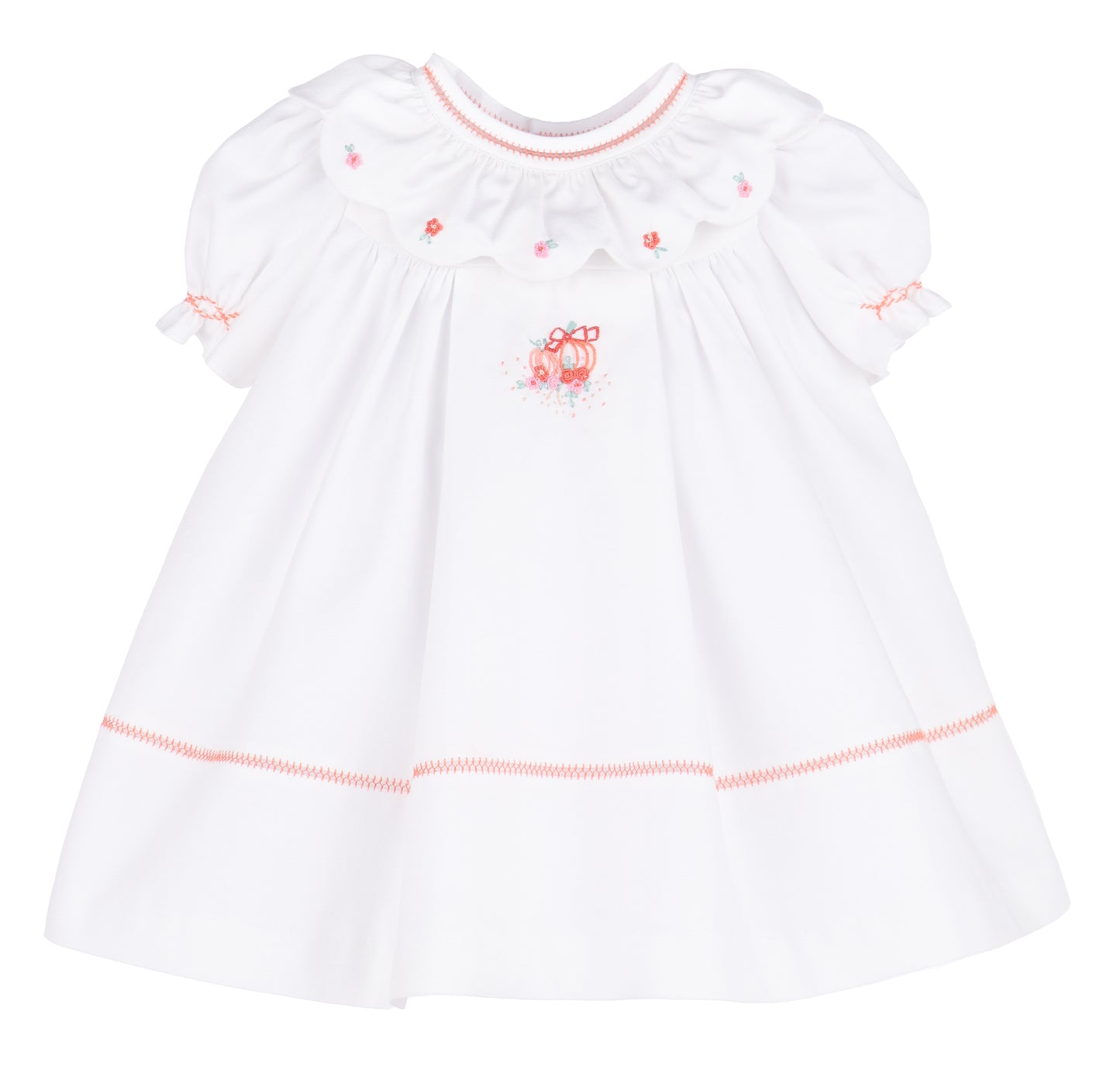 Sophie & Lucas Girls Embroidered Pumpkin Ruffle Dress - Bow on Back - White