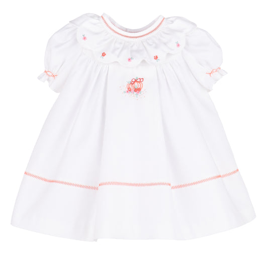 Sophie & Lucas Girls Embroidered Pumpkin Ruffle Dress - Bow on Back - White