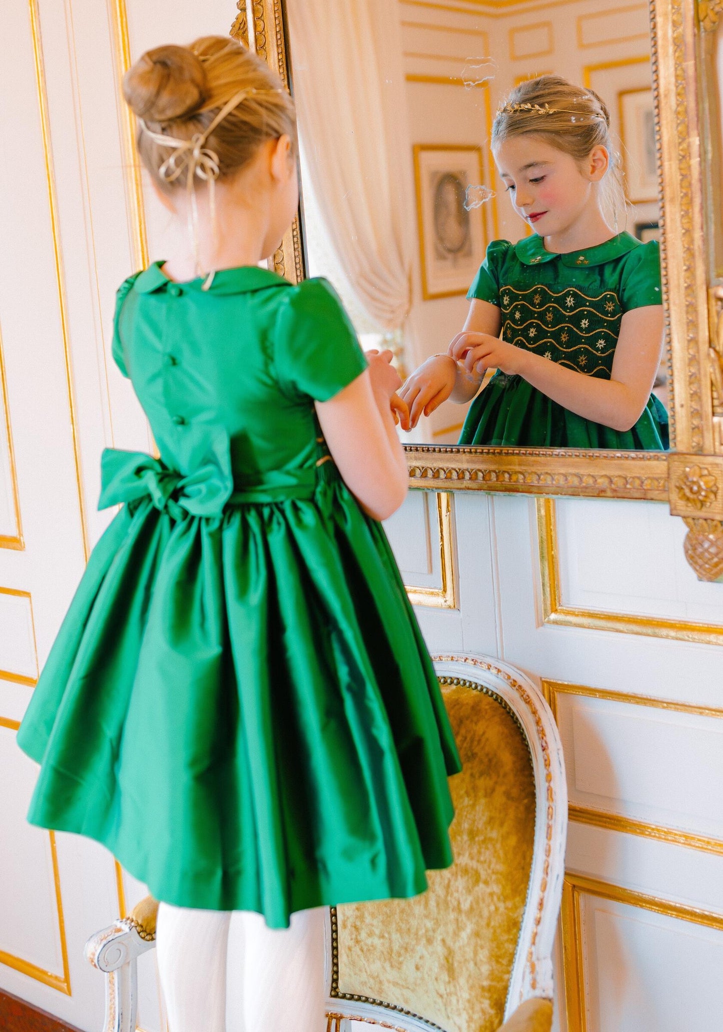 Antoinette Paris Girls Green Silk Christmas Dress - Fully Smocked Bodice