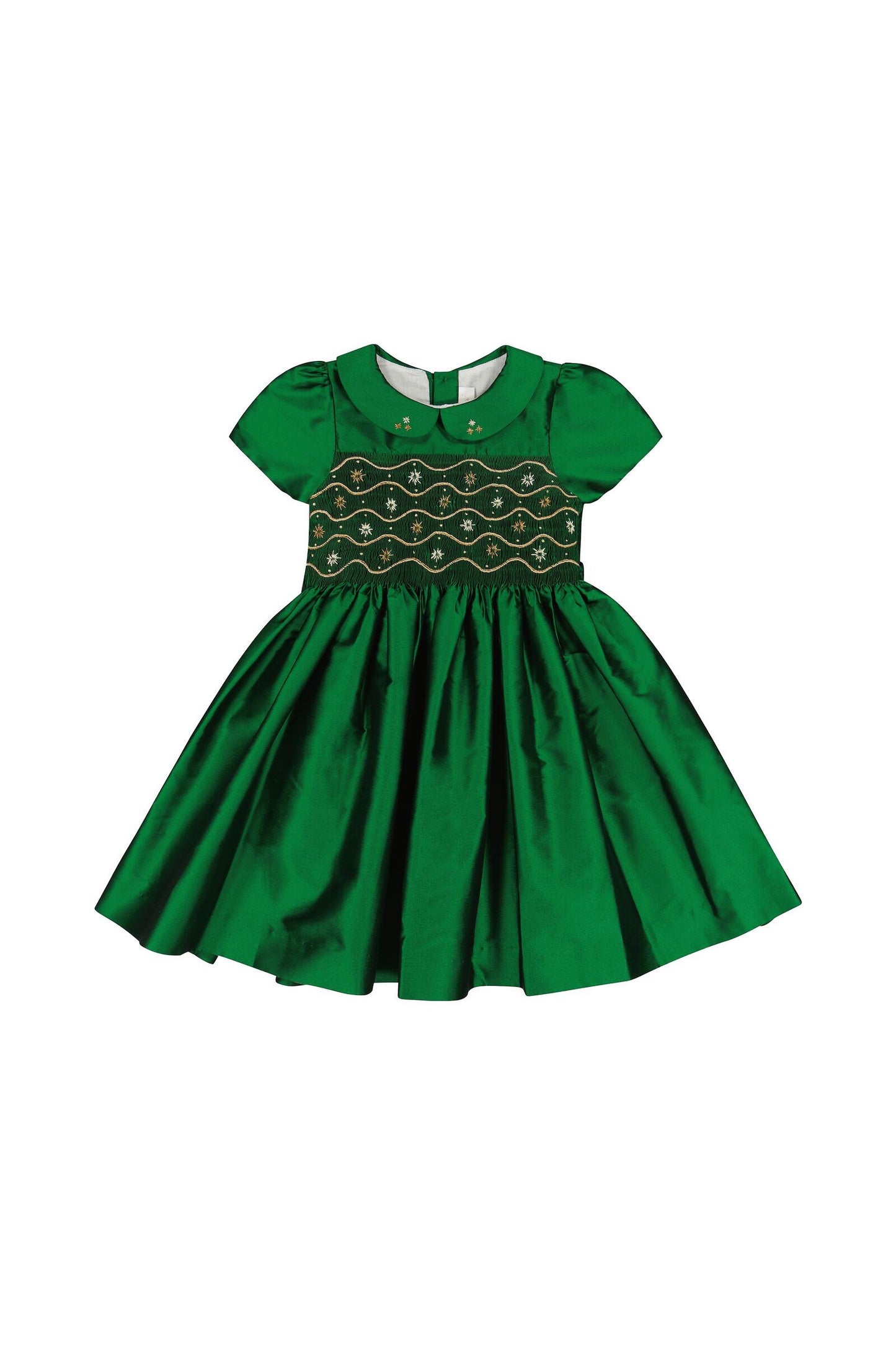 Antoinette Paris Girls Green Silk Christmas Dress - Fully Smocked Bodice