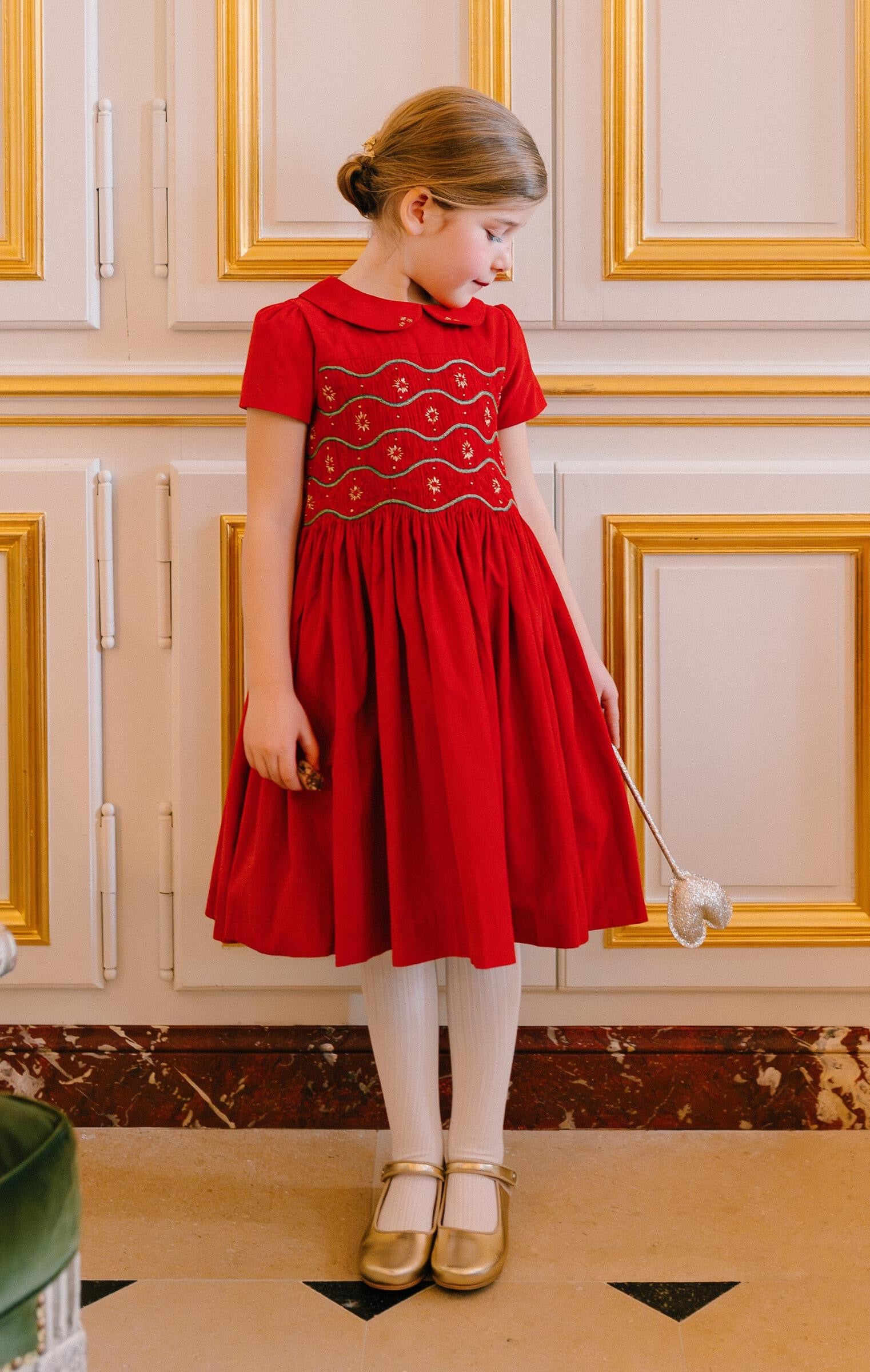 Antoinette Paris Girls Stella Dress - Fully Smocked Bodice - Red Corduroy