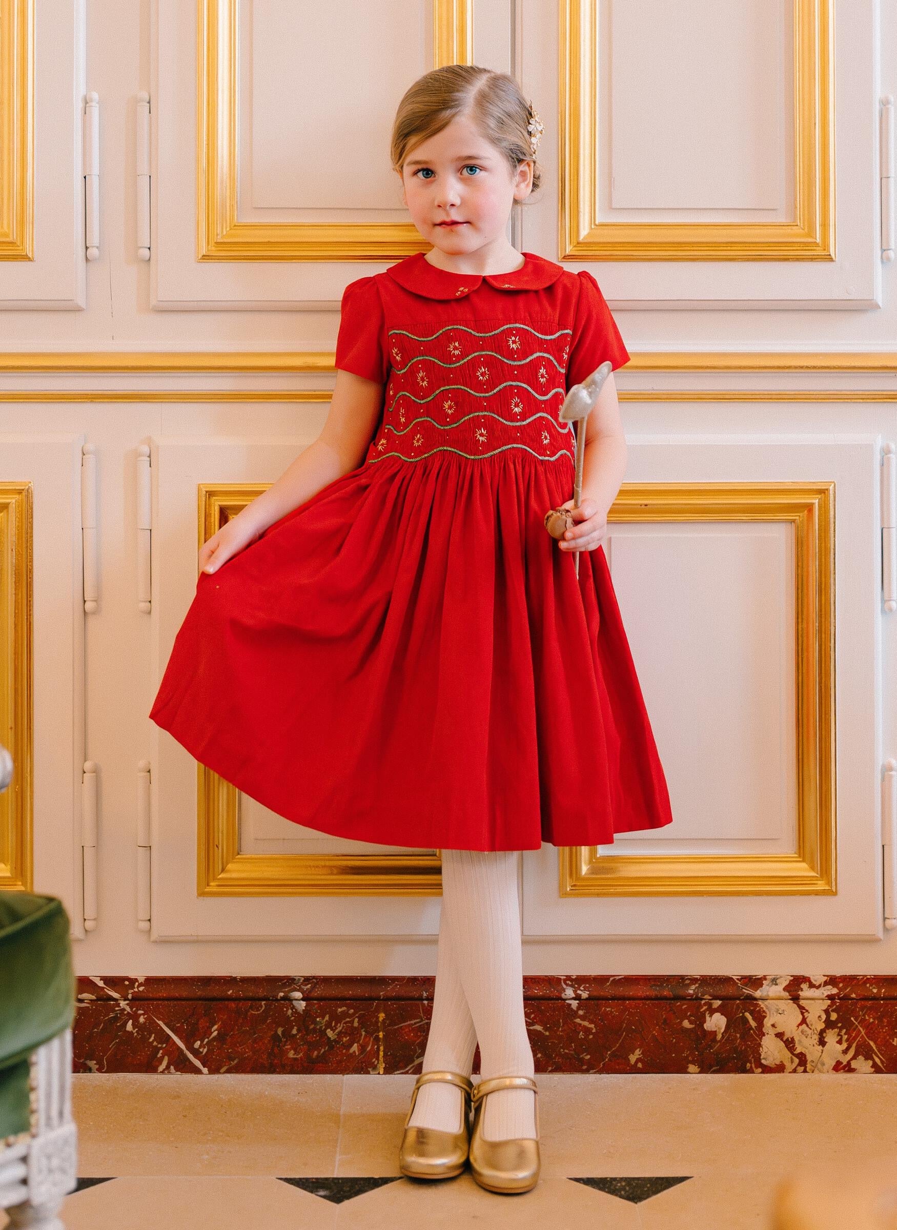 Antoinette Paris Girls Stella Dress - Fully Smocked Bodice - Red Corduroy
