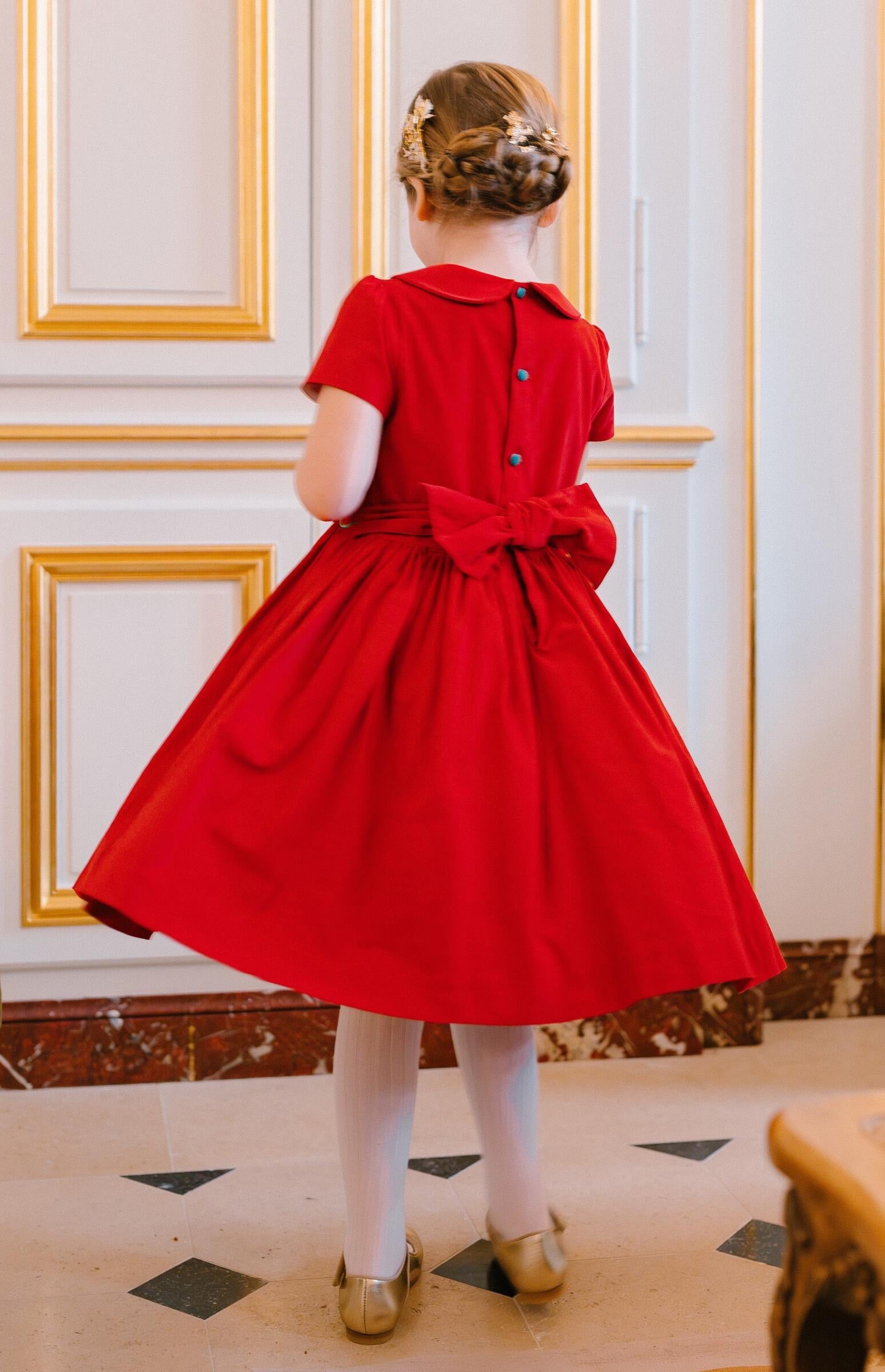 Antoinette Paris Girls Stella Dress - Fully Smocked Bodice - Red Corduroy