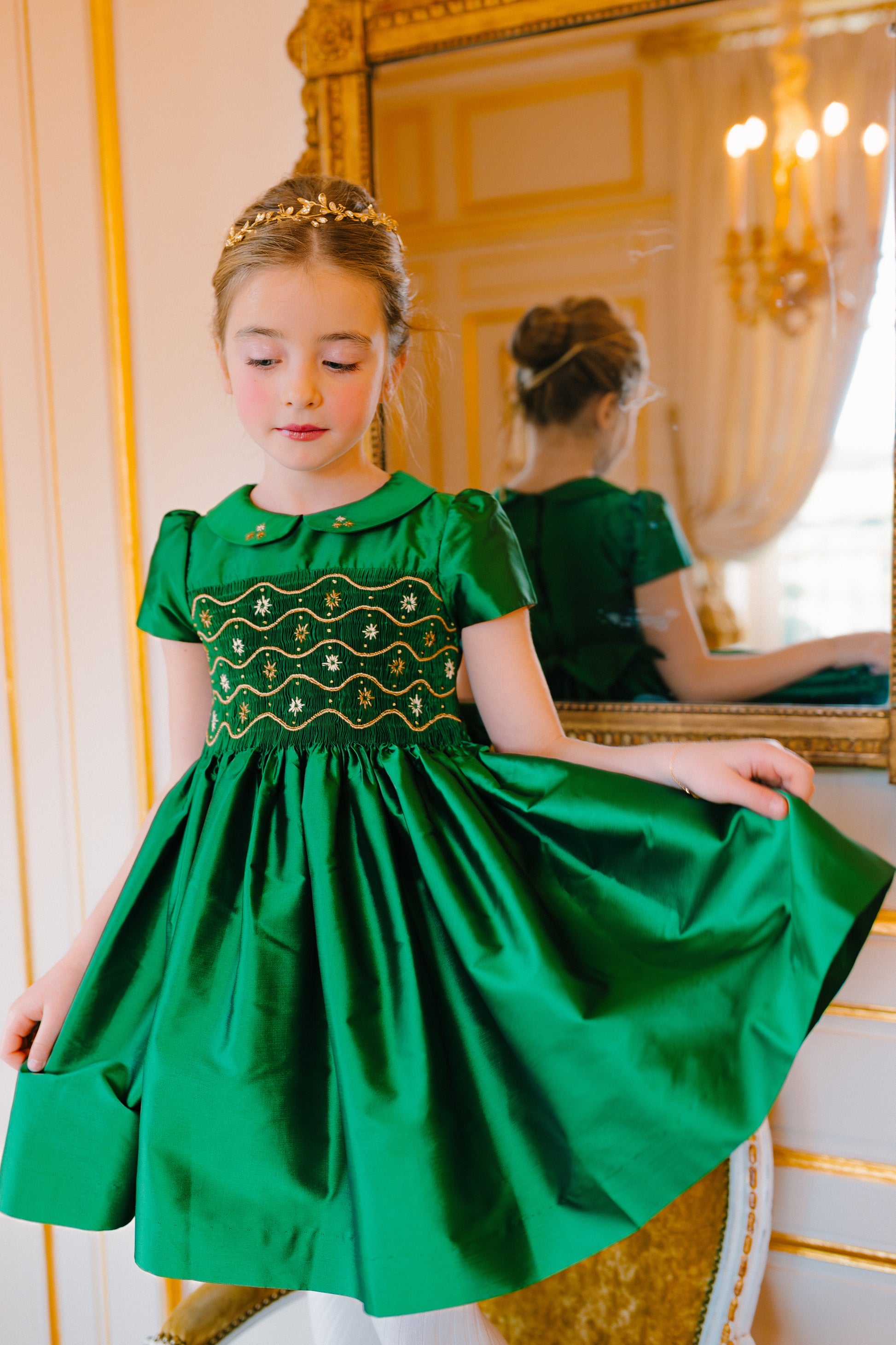 Antoinette Paris Girls Green Silk Christmas Dress - Fully Smocked Bodice