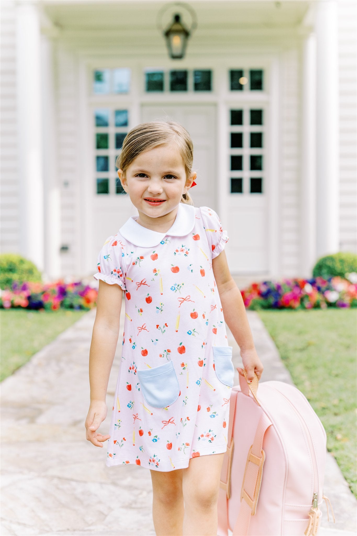 Proper Peony Pima Girls Pink School Days Dress - White Collar