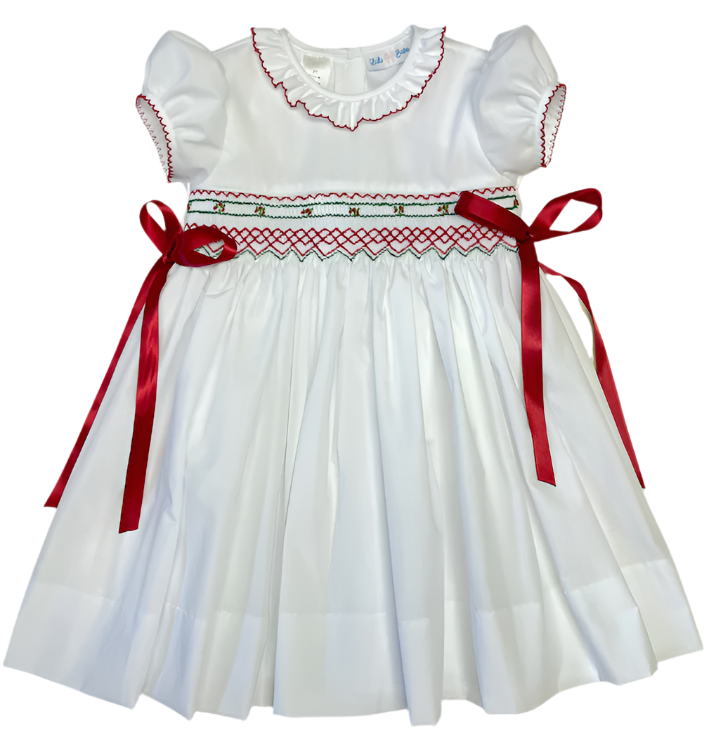 LuLu BeBe Girls White Smocked Christmas Dress - Red Bows Tie at Sides