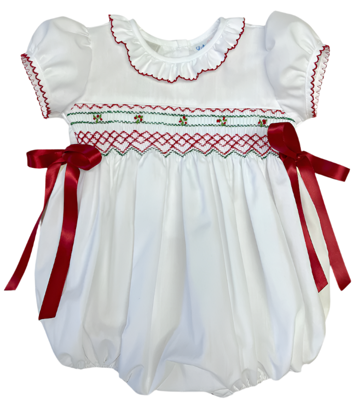 LuLu BeBe Baby Girls White Smocked Christmas Bubble - Red Bows Tie at Sides 9M