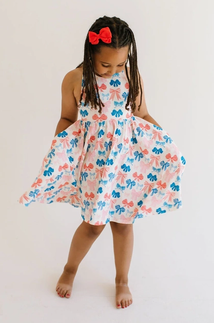 Ollie Jay Girls Sofia Twirl Dress - Patriotic Bows for Fourth of July