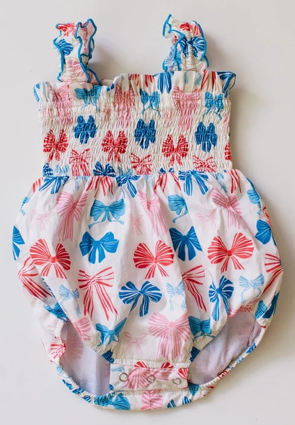 Ollie Jay Baby Girls Maylen Poplin Smocked Bubble - Patriotic Bows for July 4
