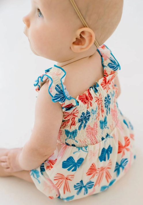 Ollie Jay Baby Girls Maylen Poplin Smocked Bubble - Patriotic Bows for July 4