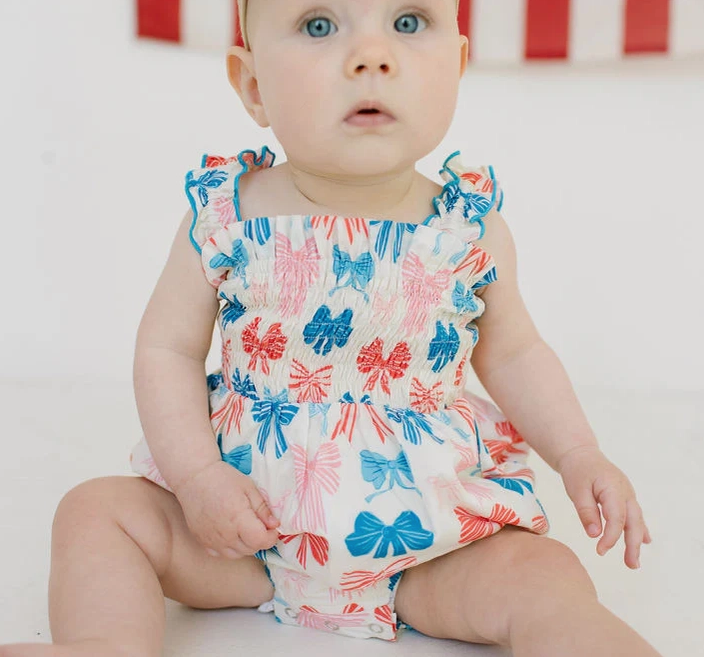Ollie Jay Baby Girls Maylen Poplin Smocked Bubble - Patriotic Bows for July 4