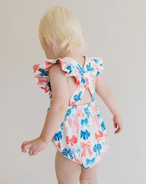 Ollie Jay Baby Girls Emmy Bubble - Patriotic Bows - Flutter Sleeves