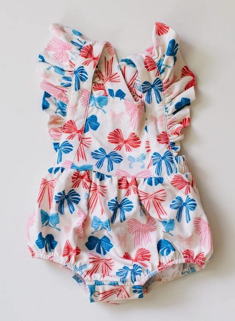 Ollie Jay Baby Girls Emmy Bubble - Patriotic Bows - Flutter Sleeves