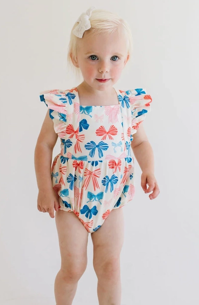 Ollie Jay Baby Girls Emmy Bubble - Patriotic Bows - Flutter Sleeves