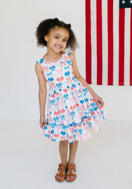 Ollie Jay Girls Lara Poplin Twirl Dress - Patriotic Bows for Fourth of July