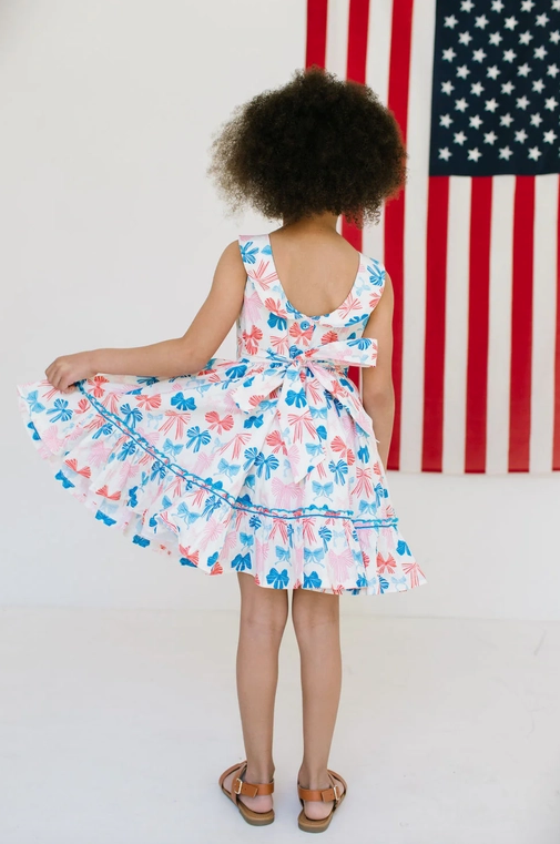 Ollie Jay Girls Lara Poplin Twirl Dress - Patriotic Bows for Fourth of July
