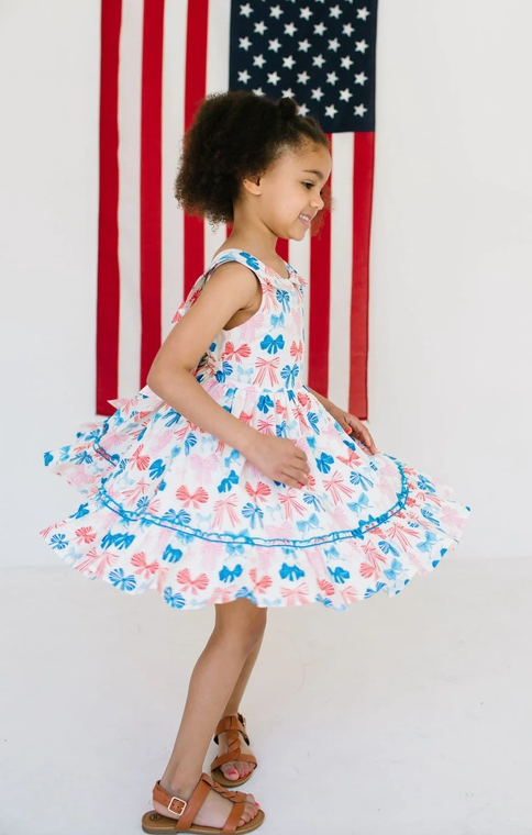 Ollie Jay Girls Lara Poplin Twirl Dress - Patriotic Bows for Fourth of July