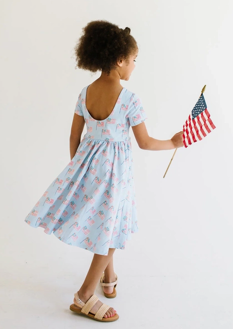Ollie Jay Girls Classic Twirl Dress - Blue Flags for Fourth of July