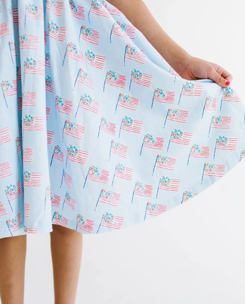 Ollie Jay Girls Classic Twirl Dress - Blue Flags for Fourth of July