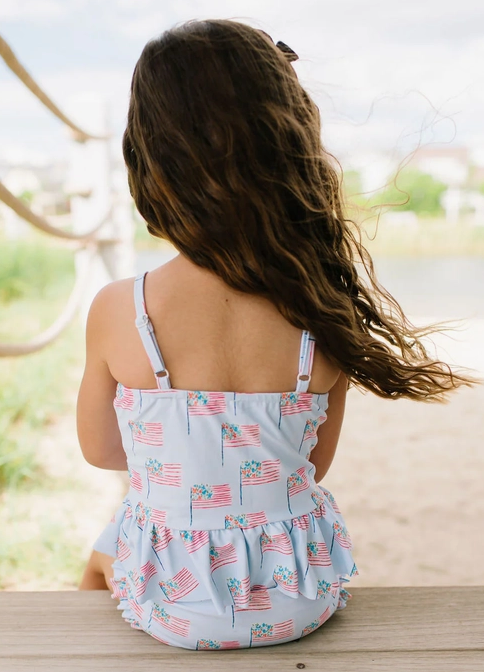 Ollie Jay Girls Emma Two Piece Swimsuit - Blue Patriotic Flags