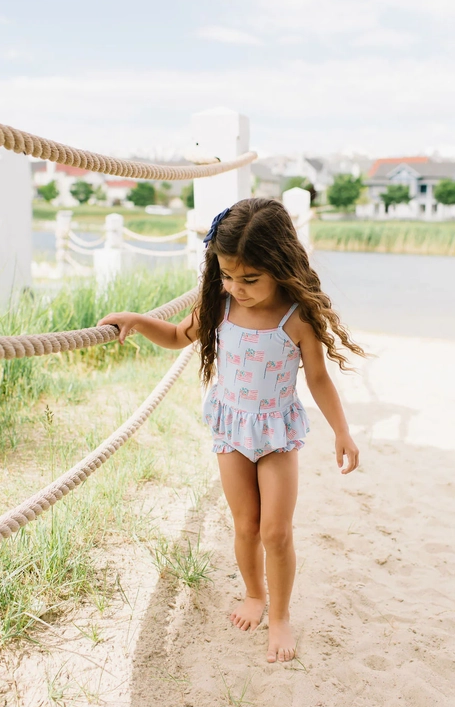 Ollie Jay Girls Emma Two Piece Swimsuit - Blue Patriotic Flags