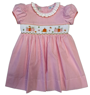 LuLu BeBe Girls Pink Rose Dress with Ruffle Collar - Smocked Harvest Pumpkins