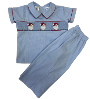 LuLu BeBe Boys Blue Check Smocked Santa Claus Pants Set by LuLu BeBe