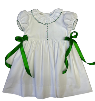 Lulu Bebe Girls White Christmas Dress - Green Embroidery & Side Bows 12M Lulu Bebe Girls White Christmas Dress - Green Embroidery & Side Bows 12M