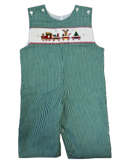 LuLu BeBe Boys Green Gingham Smocked Christmas Train Longall by LuLu BeBe