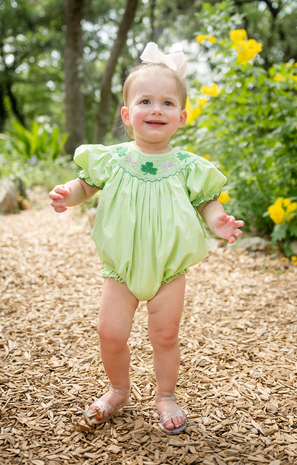 Shop Teeta Baby Girls Hallie Bubble - Green Gingham Smocked St. Pat's Clovers by Shop Teeta