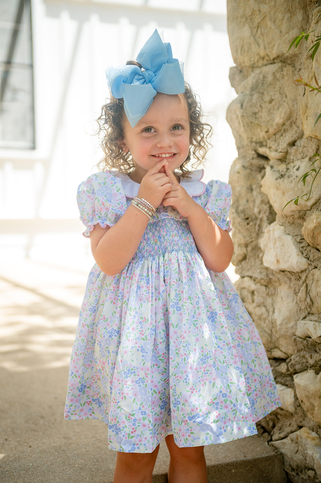 Shop Teeta Girls Pink & Blue Ashley Floral Smocked Ava Dress - Scallop Collar by Shop Teeta