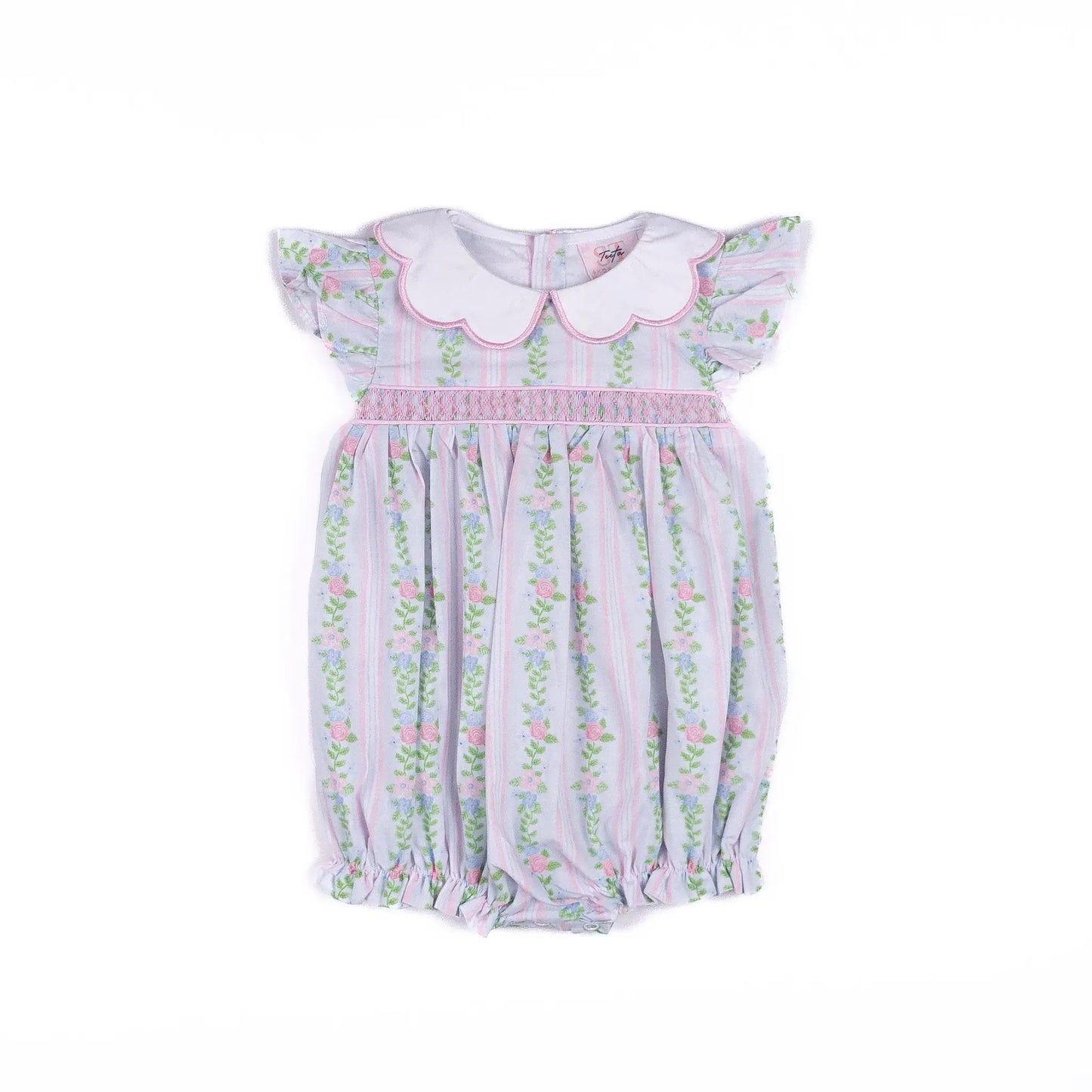 Shop Teeta Girls Sidney SmockedFloral Bubble - Scallop Collar by Shop Teeta