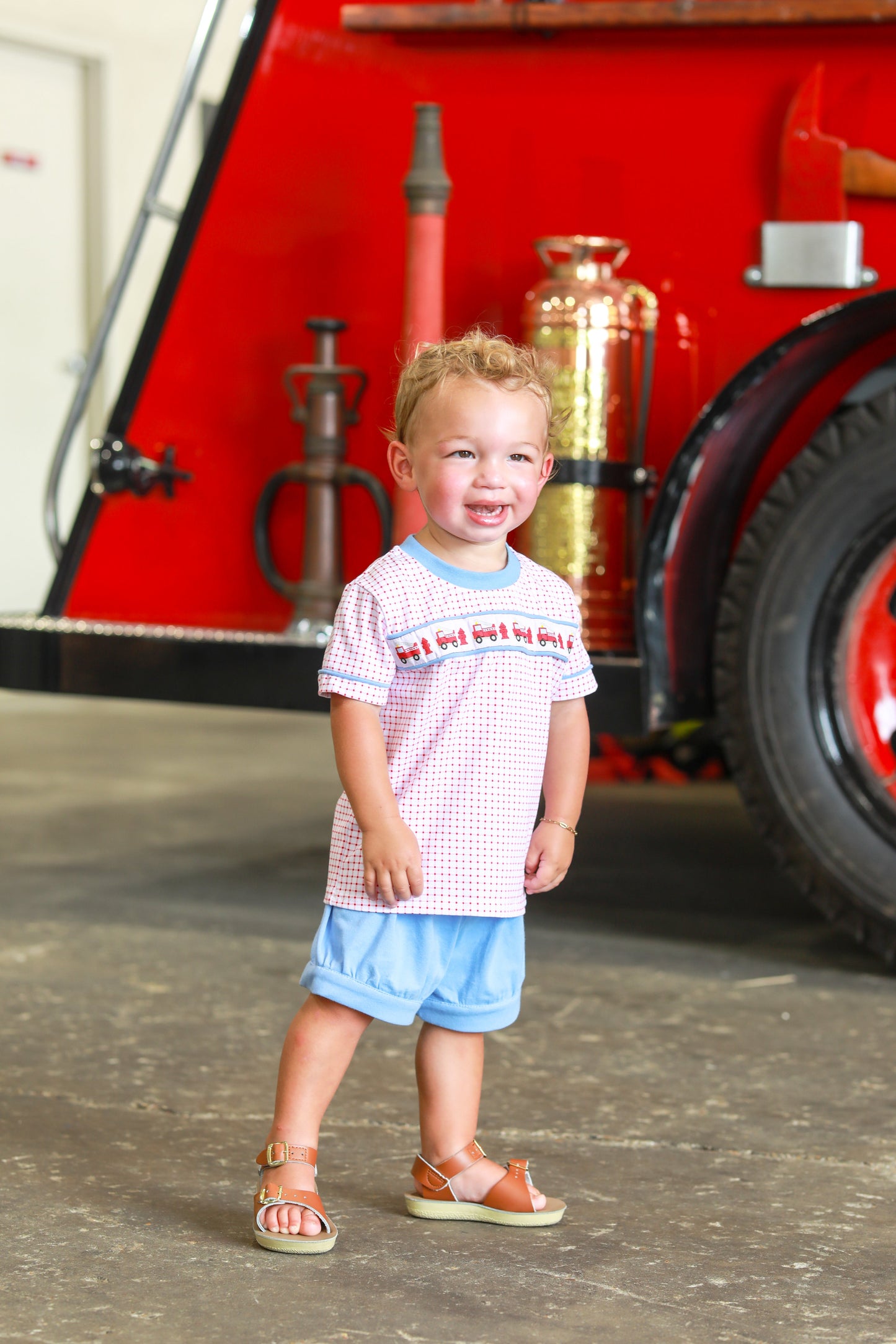 Trotter Street Kids Boys Red Check Sound the Fire Alarm Shirt with Blue Banded Shorts by Trotter Street Kids