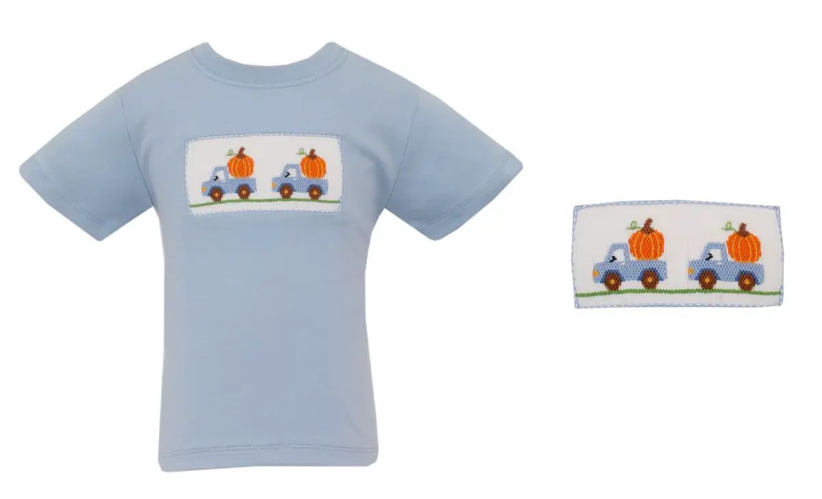 Anavini Boys Light Blue Knit Smocked Pumpkin Short Sleeve Tee Shirt