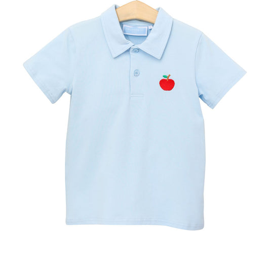Trotter Street Kids Boys Light Blue Polo Shirt - Embroidered Red Apple