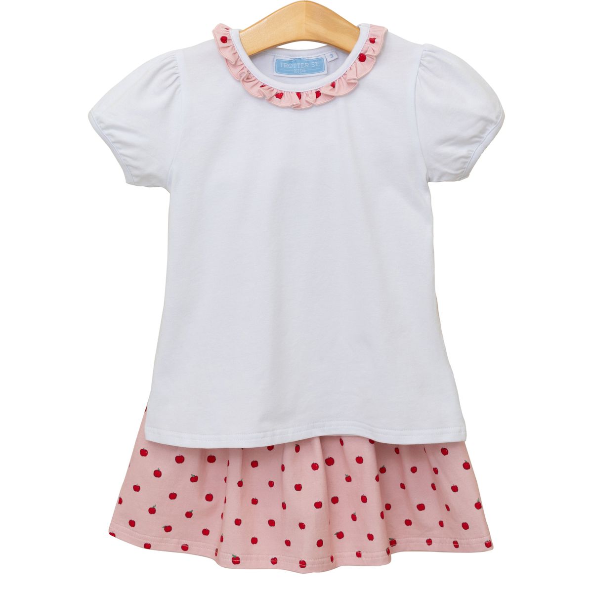 Trotter Street Kids Girls Pink Apple Print Skort with Trimmed Top