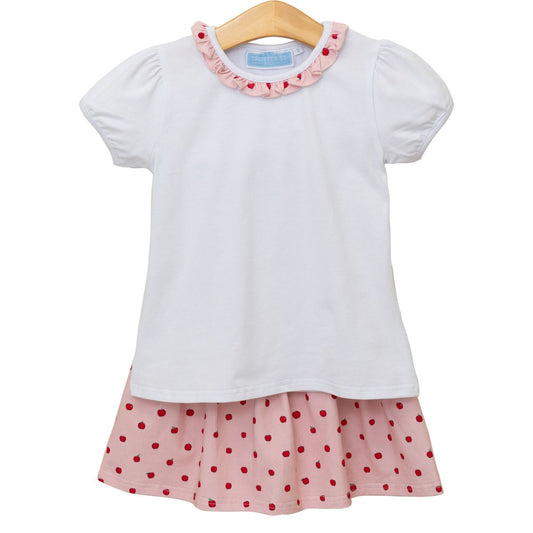 Trotter Street Kids Girls Pink Apple Print Skort with Trimmed Top