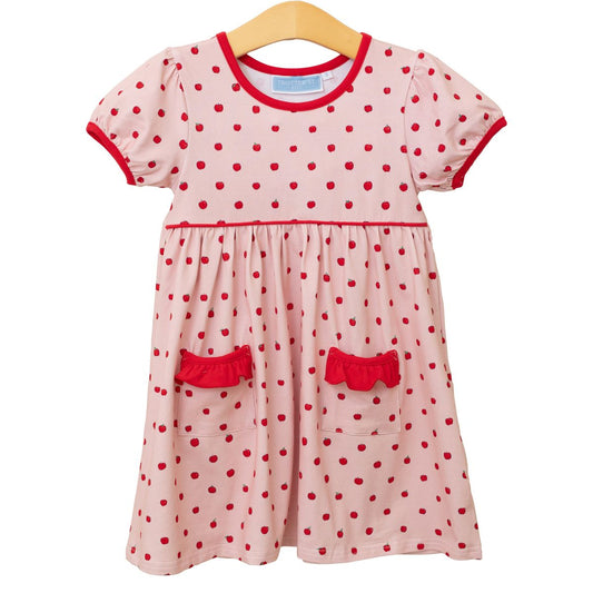 Trotter Street Kids Girls Pink Apple Print Pocket Dress