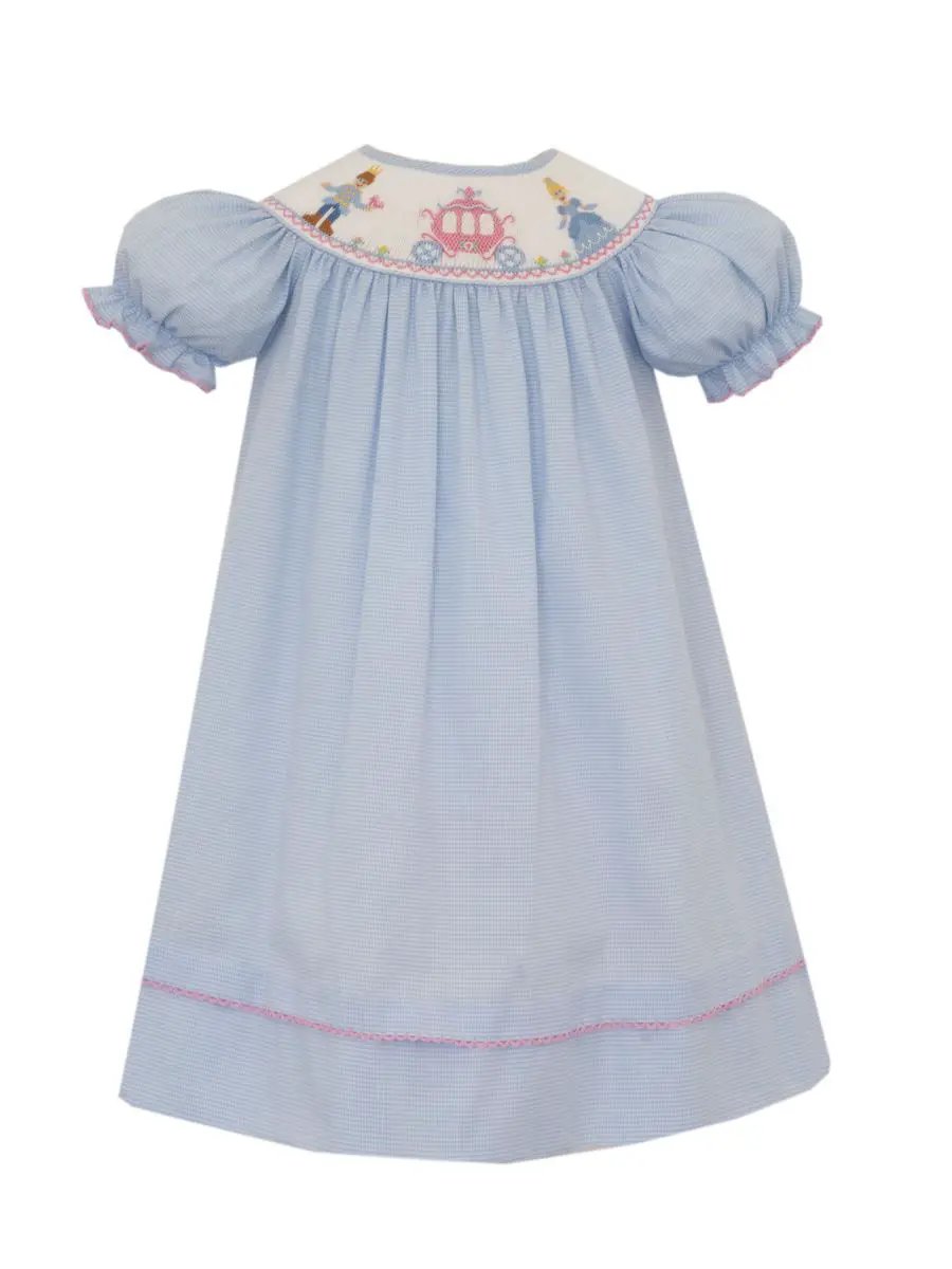 Anavini Girls Light Blue Gingham Smocked Cinderella Short Sleeve Bishop Dress