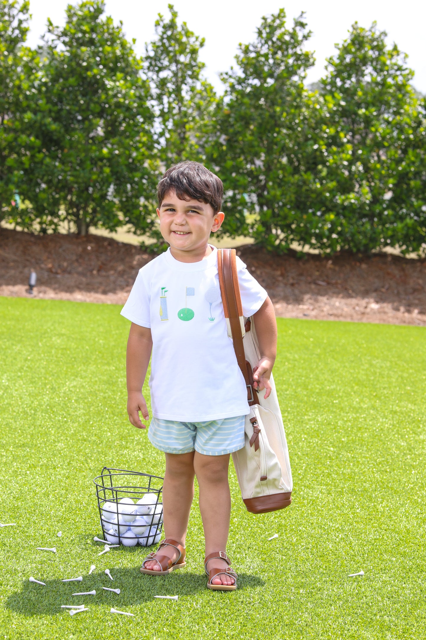 Trotter Street Kids Boys Green Stripe Shorts with Golf Tee Time Shirt by Trotter Street Kids