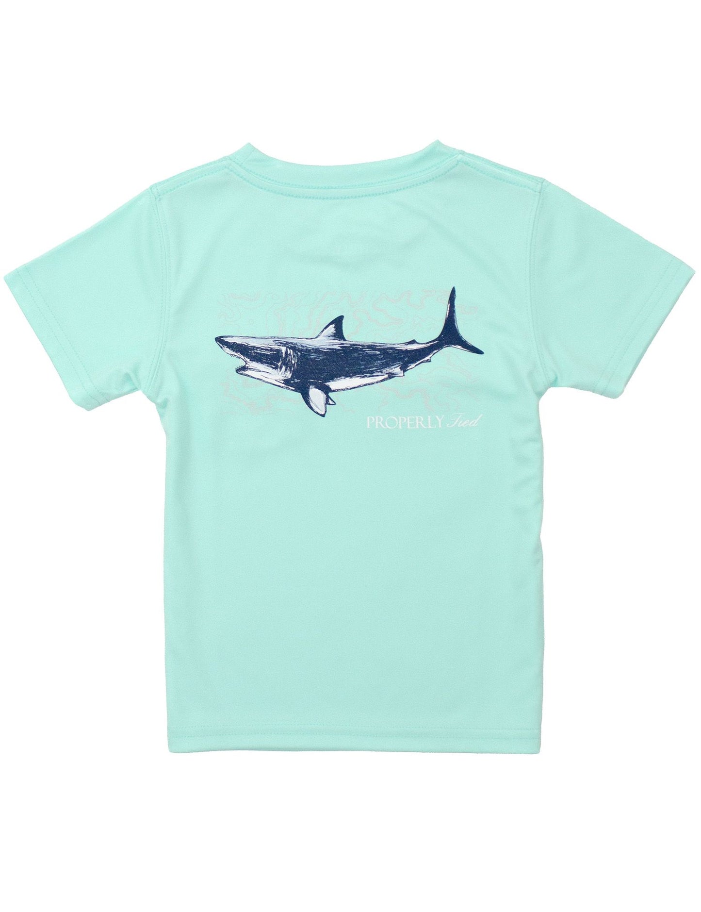 Properly Tied Boys Performance Tee Shirt - Logo Pocket on Front - Back Graphic - Topo Shark on Seafoam Green by Properly Tied