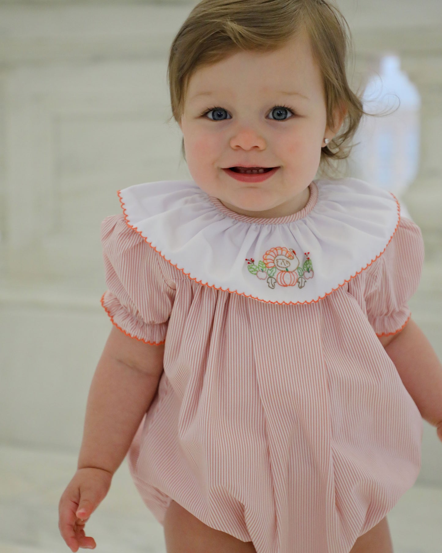 Yellow Lamb Baby Girls Orange Garner Bubble with Turkey Embroidery