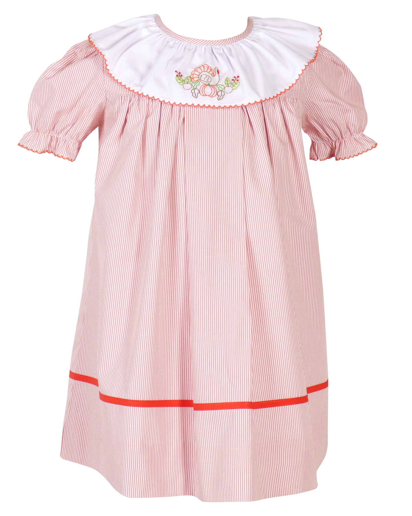 Yellow Lamb Girls Orange Garner Dress with Turkey Embroidery