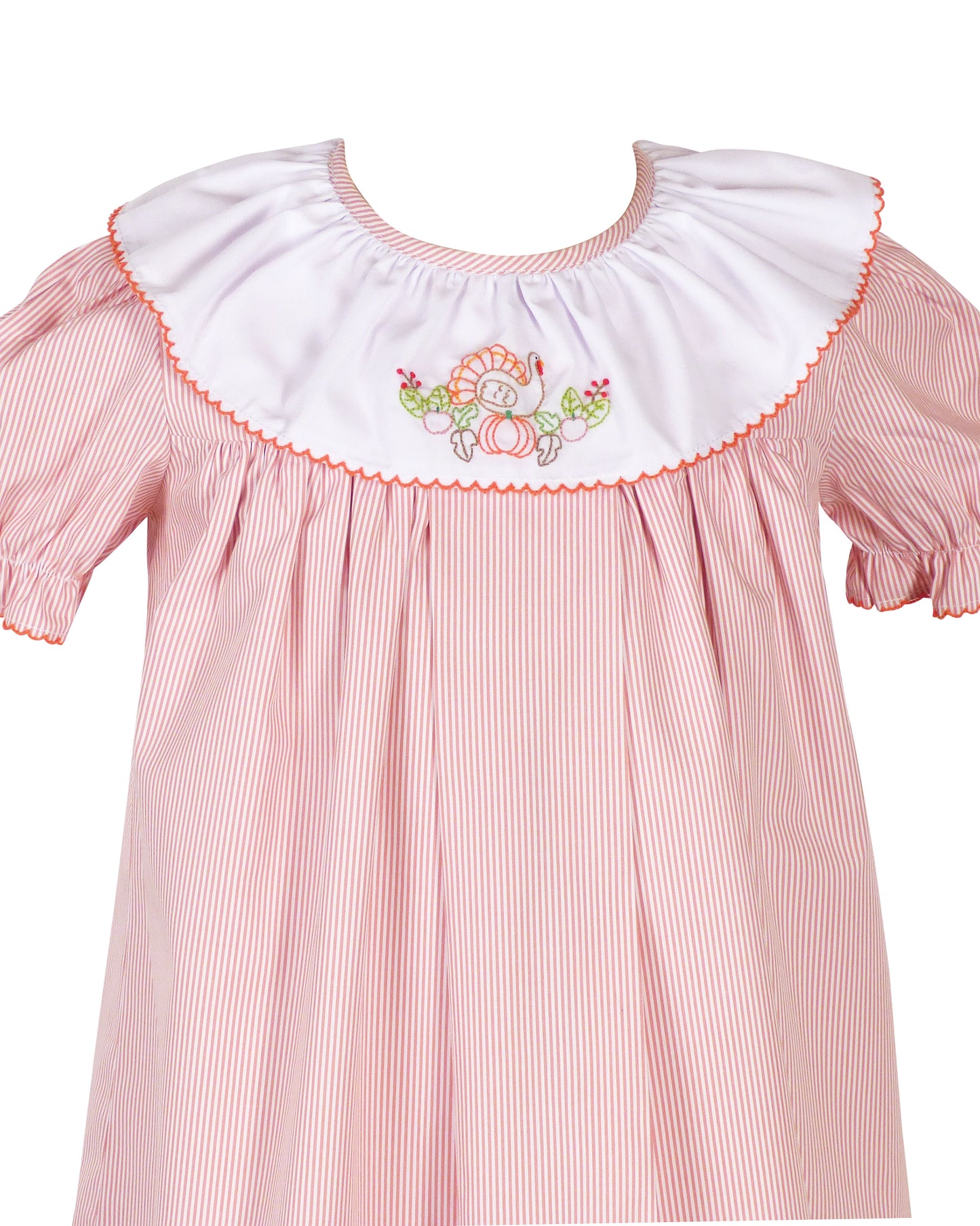 Yellow Lamb Girls Orange Garner Dress with Turkey Embroidery