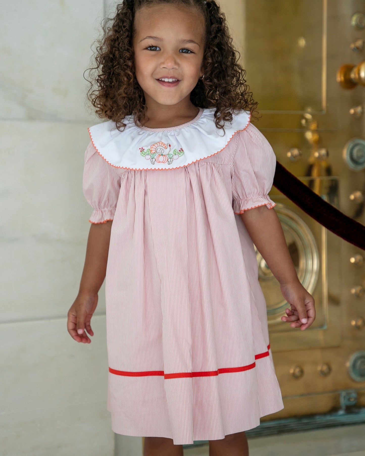 Yellow Lamb Girls Orange Garner Dress with Turkey Embroidery